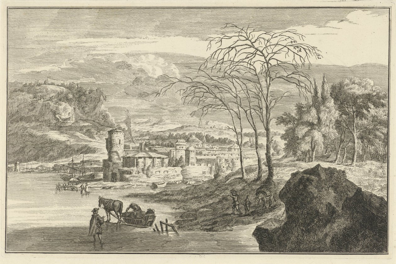 Winterlandschap met gezicht op een stad door Adolf van der Laan