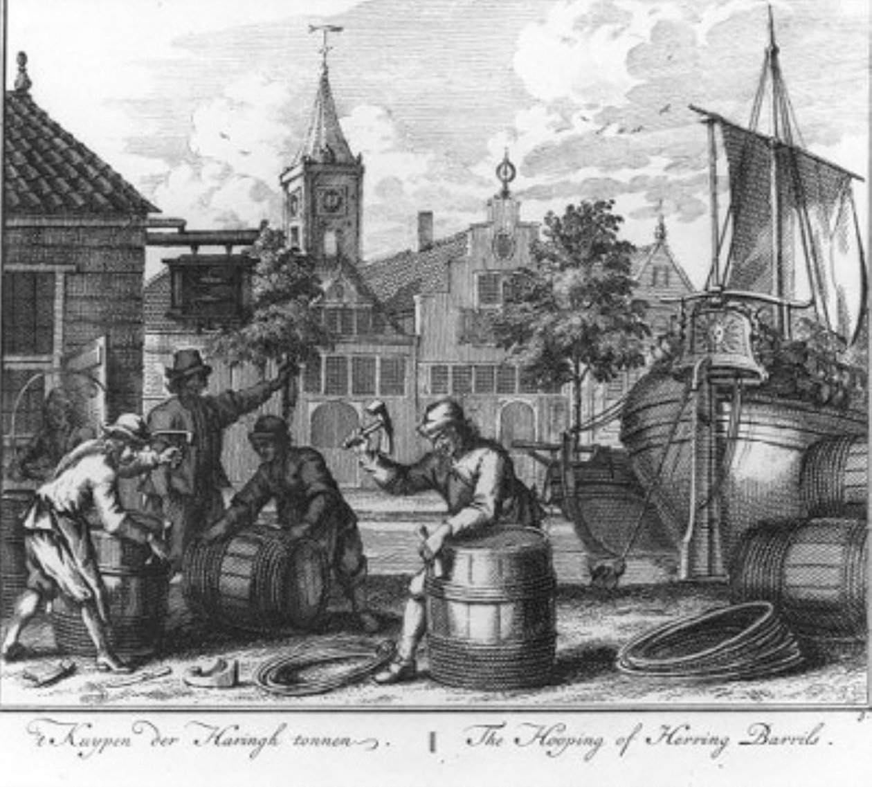 ‘t Kuypen der haringh tonnen’ (nr. 3 uit de serie Haringvangst) door Adolf van der Laan