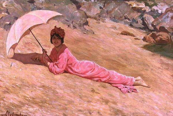 Meisje liggend op het strand met een roze parasol door Adolfo Belimbau