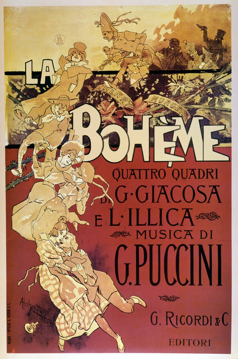 Affiche van La Bohème door Adolfo Hohenstein voor de première van de opera van Giacomo Puccini in het Teatro Regio di Torino, op 01/02/1896 door Adolfo Hohenstein