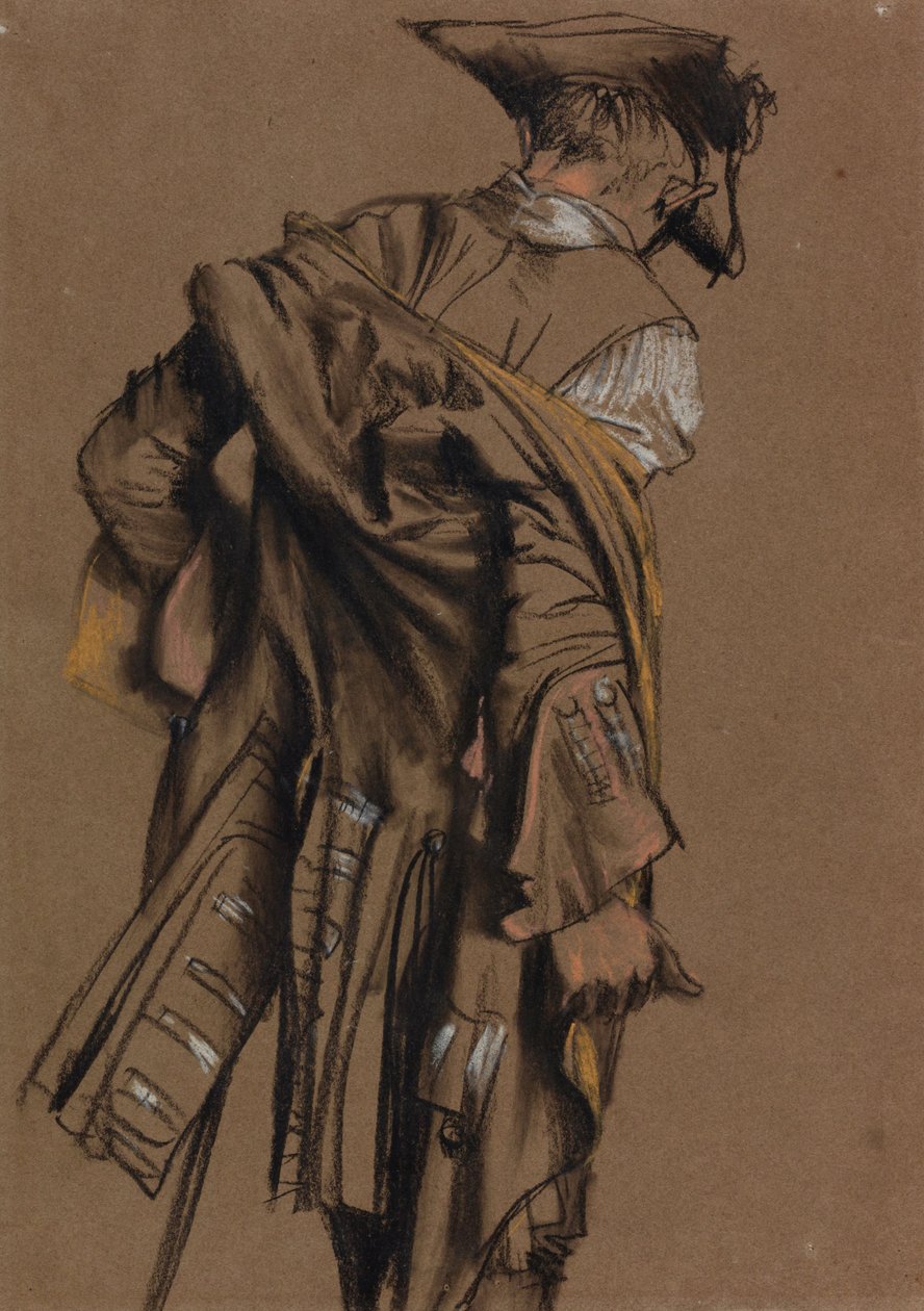 Model van de kunstenaar, gezien van achteren, aantrekken van een achttiende-eeuws uniform door Adolph Menzel