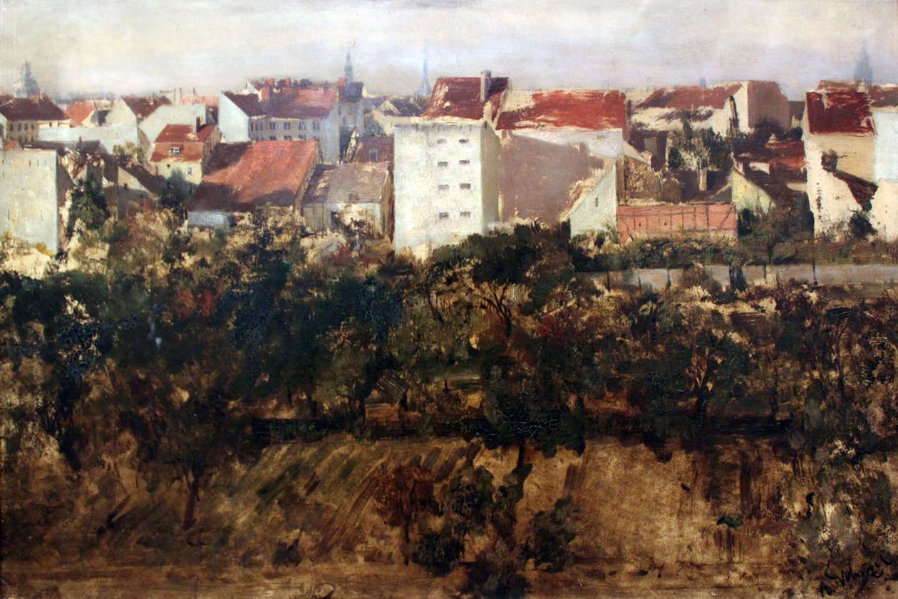 Uitzicht op achterhuizen door Adolph Menzel