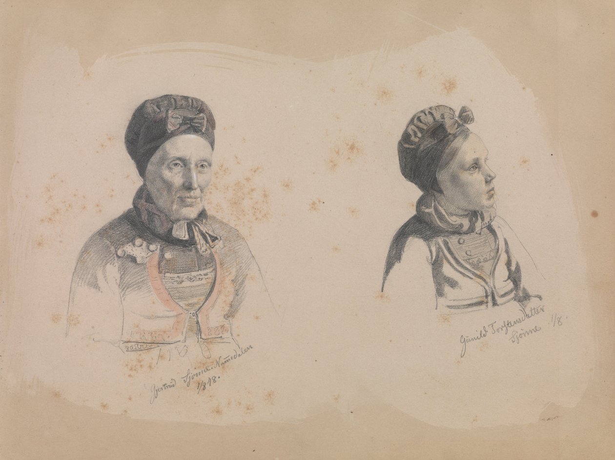 Gjertrud Skjønne en Gunhild Torstensdatter Skjønne door Adolph Tidemand