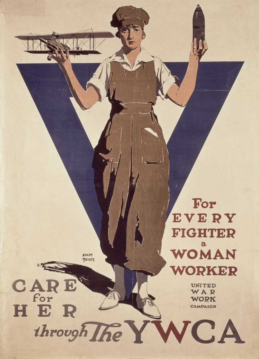 Voor elke strijder een vrouwelijke arbeider, 1e Wereldoorlog YWCA propagandaposter door Adolph Treidler