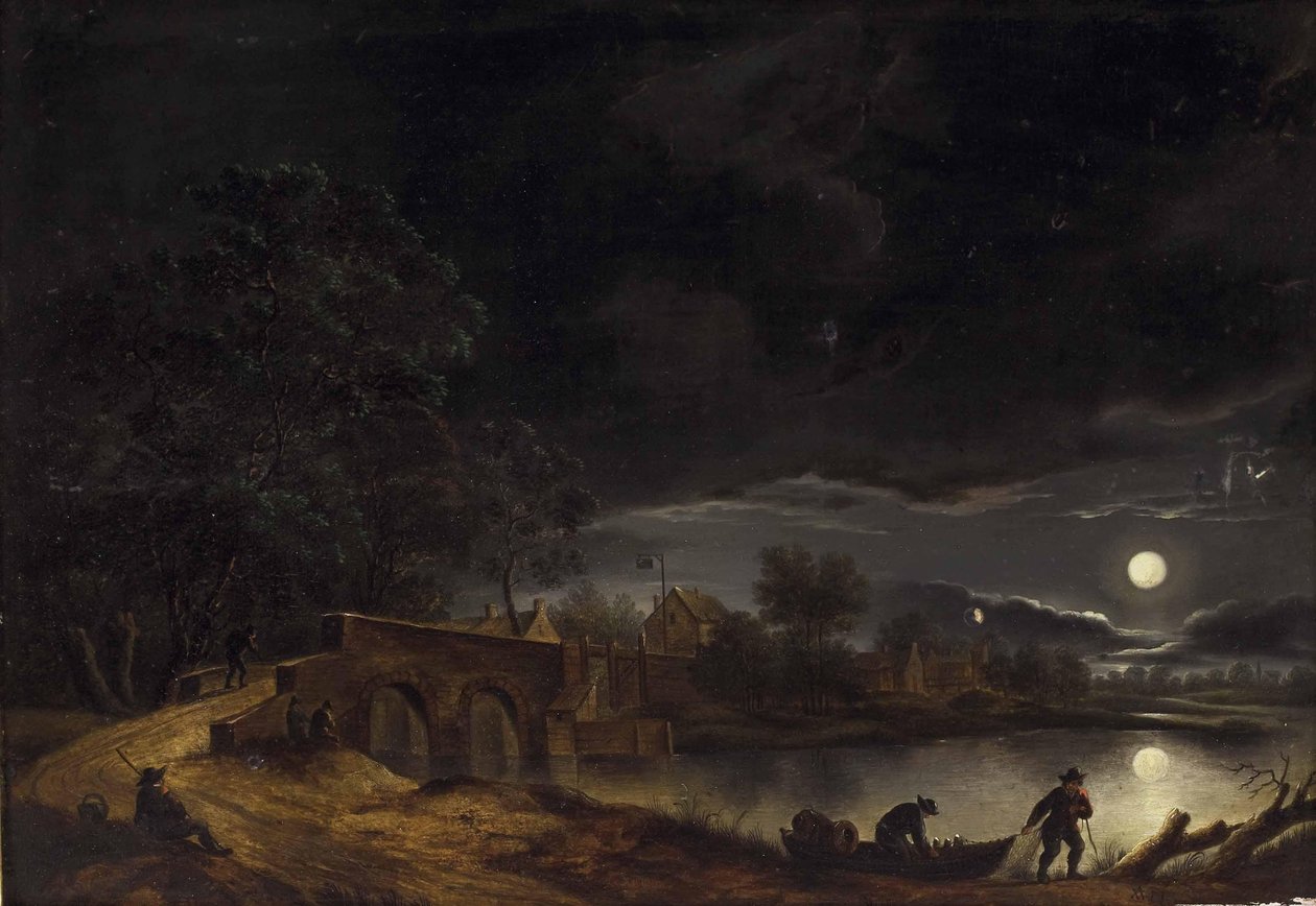 Duits: Volle maan boven dorp aan de rivier met brug en mensen in staf door Adolph Friedrich Vollmer