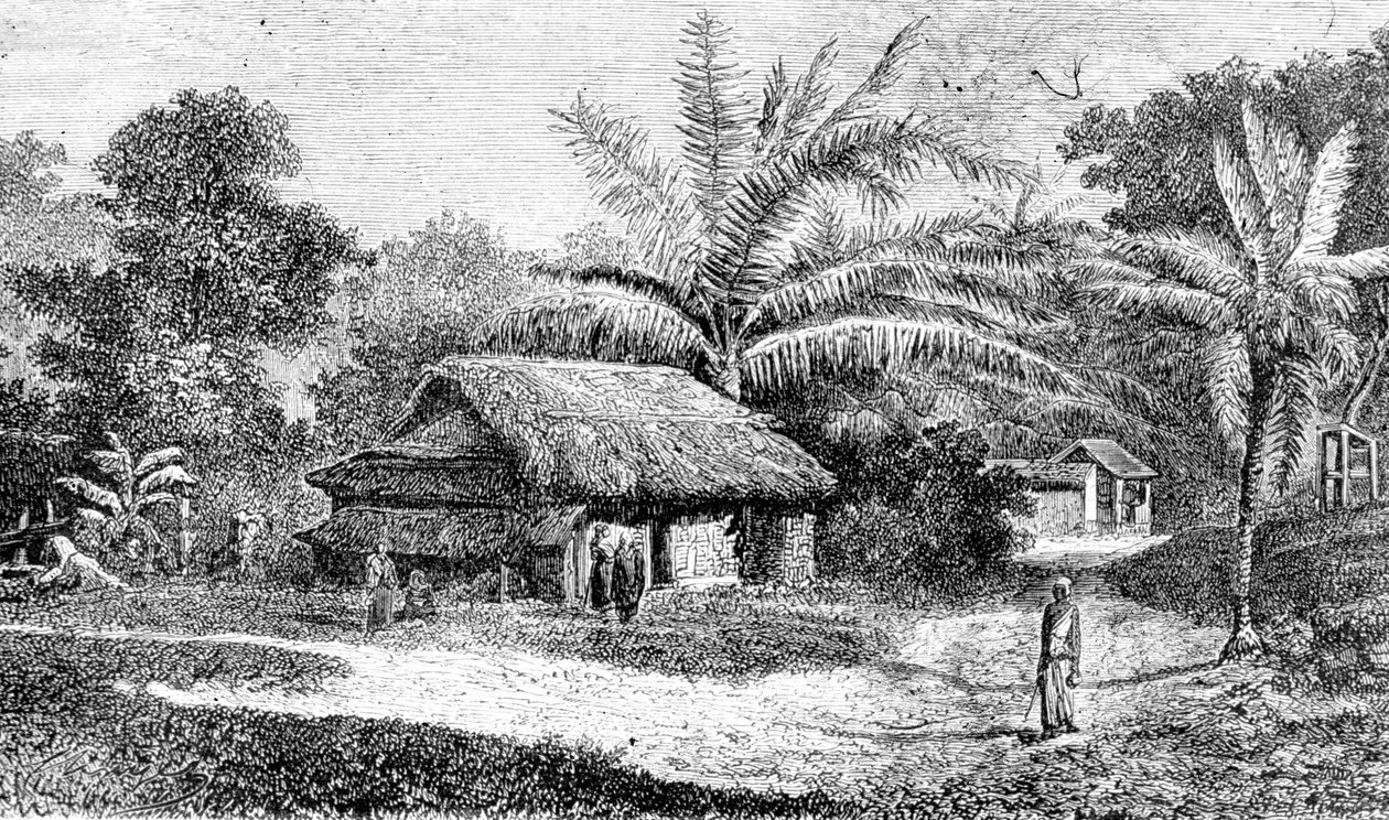 Dorp in de vallei van Colombo, Sri Lanka (gravure) door Adolph Hermann & Robert (after) Schlagintweit
