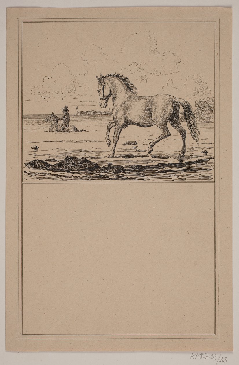 Het paard in het water. Nr. 22 in Chr. Winther en M. Rørbye, "25 Afbeeldingen voor kleine kinderen" door Johan Adolph Kittendorff