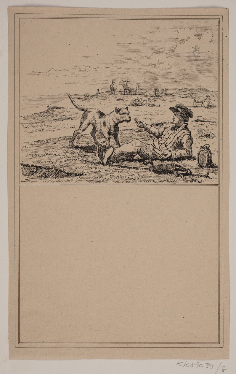 De herder en de hond. Nr. 7 in Chr. Winther en M. Rørbye, "25 Afbeeldingen voor kleine kinderen" door Johan Adolph Kittendorff