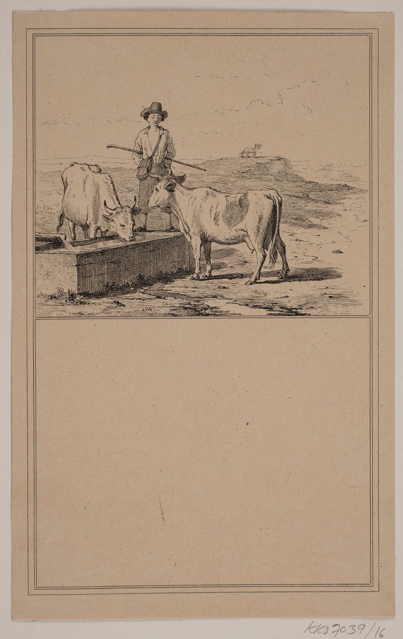 De koe bij het water geven. Nr. 15 in Chr. Winther en M. Rørbye, "25 Afbeeldingen voor kleine kinderen" door Johan Adolph Kittendorff
