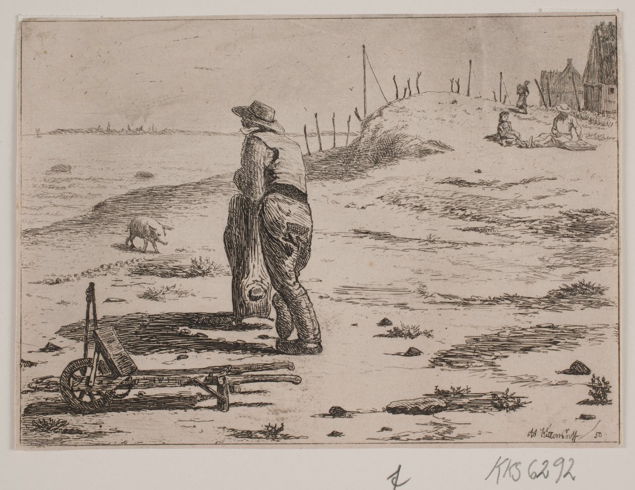 Kustpartij met staande visser door Johan Adolph Kittendorff