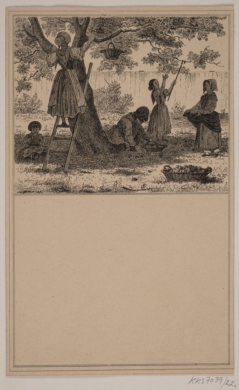 Onder de appelboom. Nr. 21 in Chr. Winther en M. Rørbye, "25 Afbeeldingen voor kleine kinderen" door Johan Adolph Kittendorff