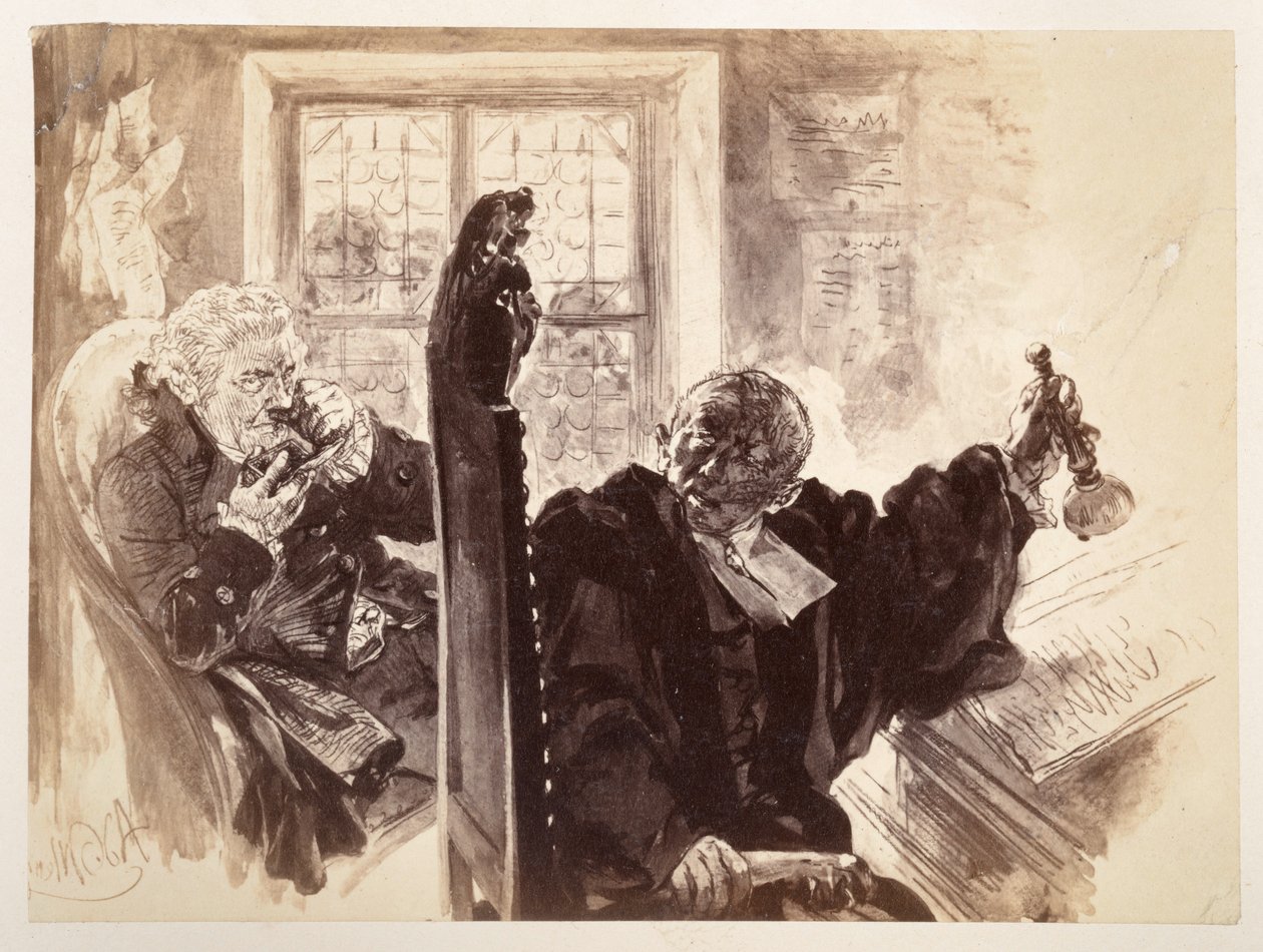 Adam, gezeten op de rechterstoel, laat de bel rinkelen; rechts achter hem zit de raadsheer en neemt een snufje, uit Heinrich von Kleist, „De gebroken kruik“ door Adolph Menzel