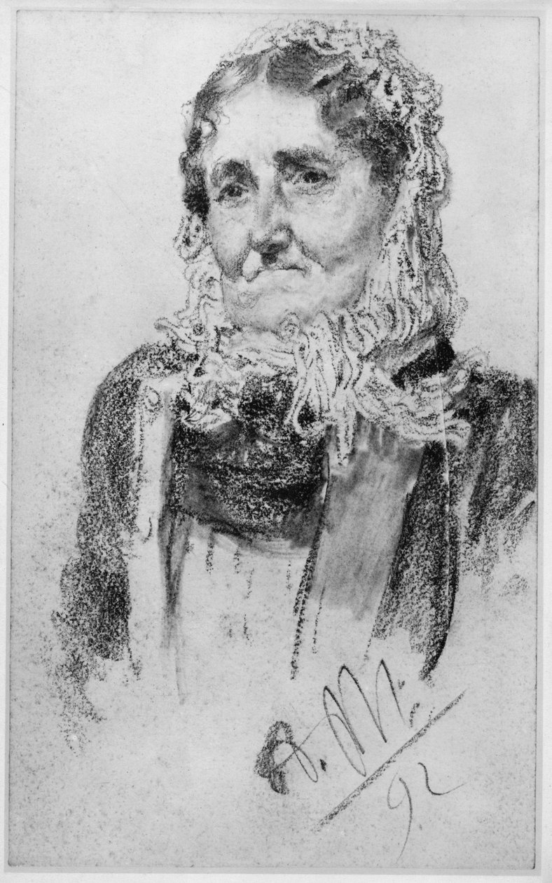 Oudere vrouw met een wollen hoofddoek door Adolph Menzel