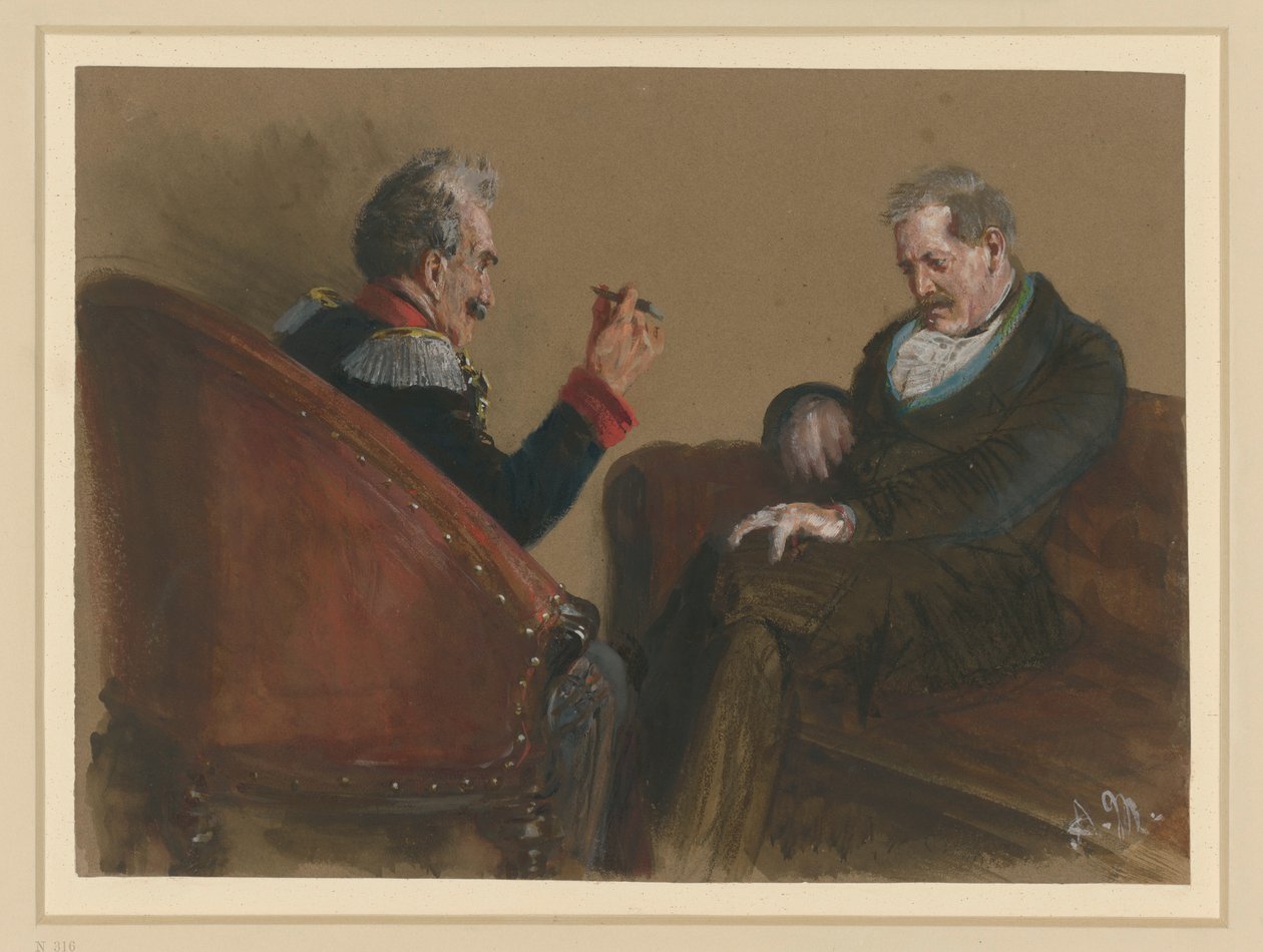 Een oudere officier en een burger zitten tegenover elkaar en zijn in gesprek door Adolph Menzel