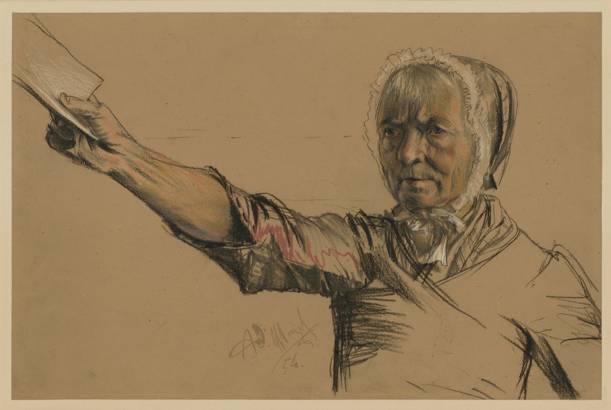 Oude vrouw die met haar rechterhand een verzoekschrift uitreikt door Adolph Menzel
