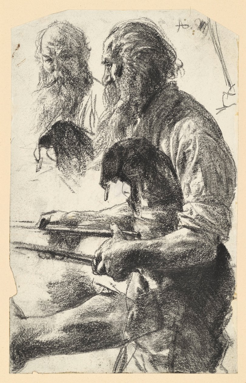 Oude ijzerarbeider met een schort van bont en een tang in de hand. Studie voor „De ijzerwalserij. Moderne cyclopen“ door Adolph Menzel