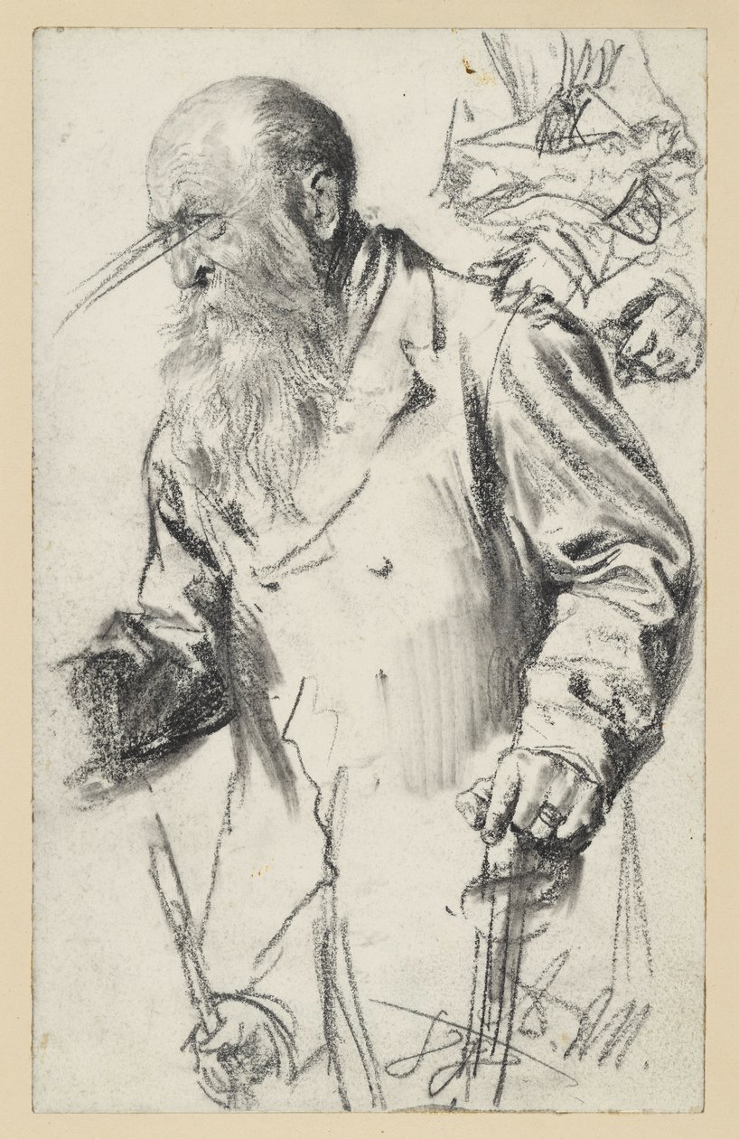 Oude, bebaarde man in een rok aan een stok, enkele details herhaald door Adolph Menzel