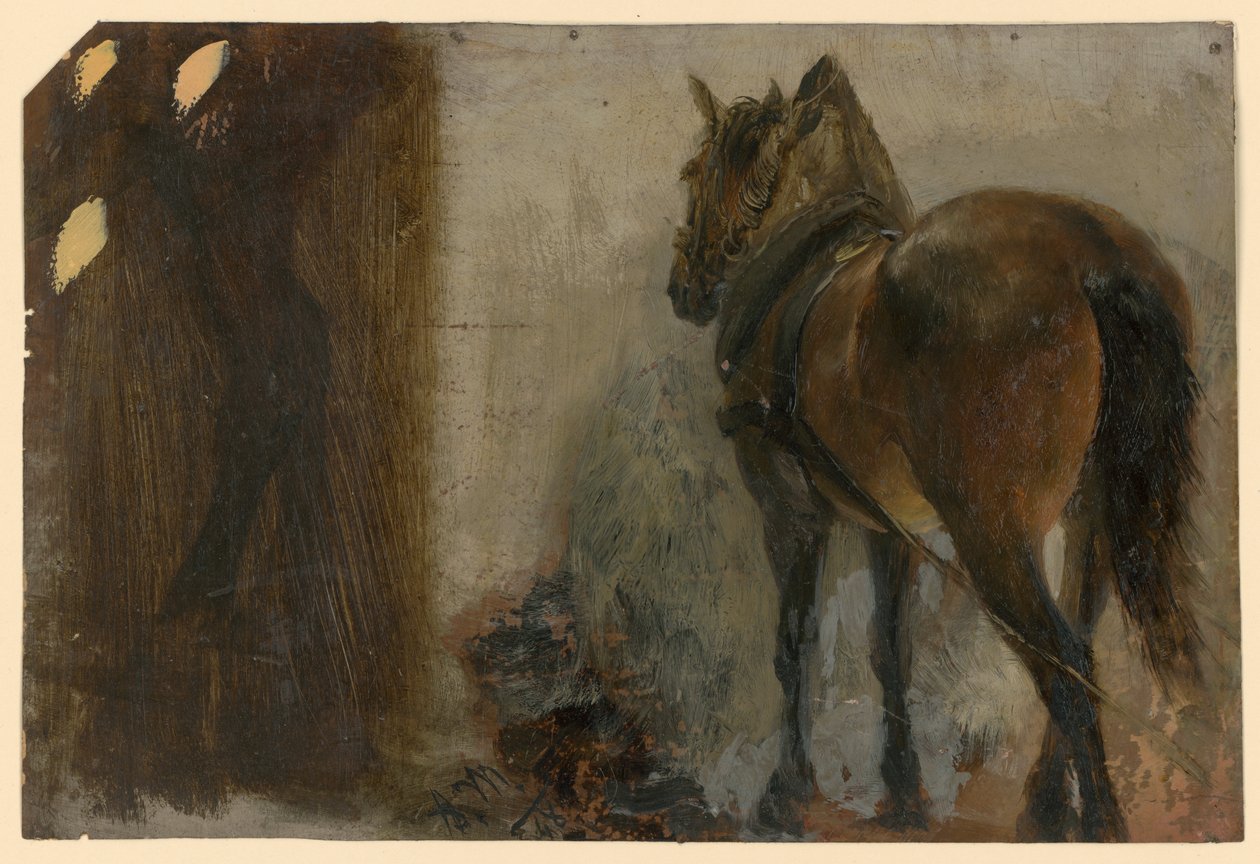 Een ingespannen paard door Adolph Menzel