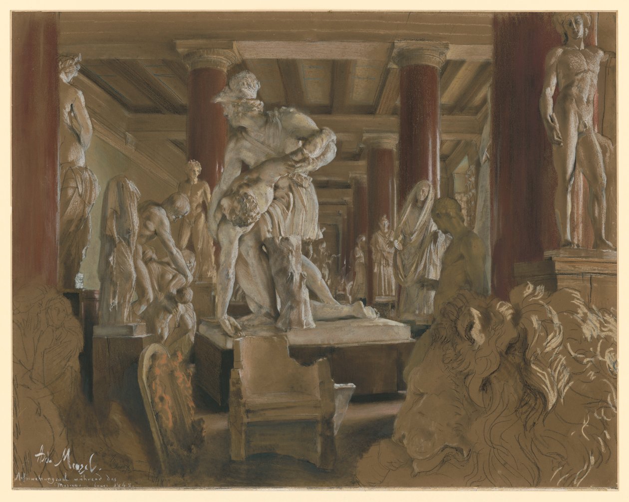 Opslagzaal voor gipsafgietsels tijdens de bouw van het nieuwe museum in het Altes Museum door Adolph Menzel
