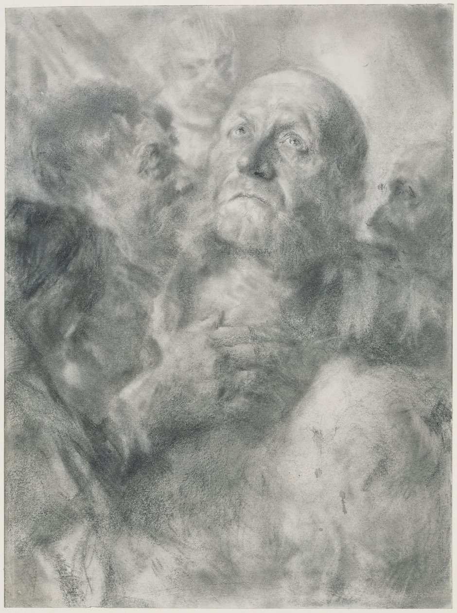 Een opkijkende oude man en vier gezichten door Adolph Menzel