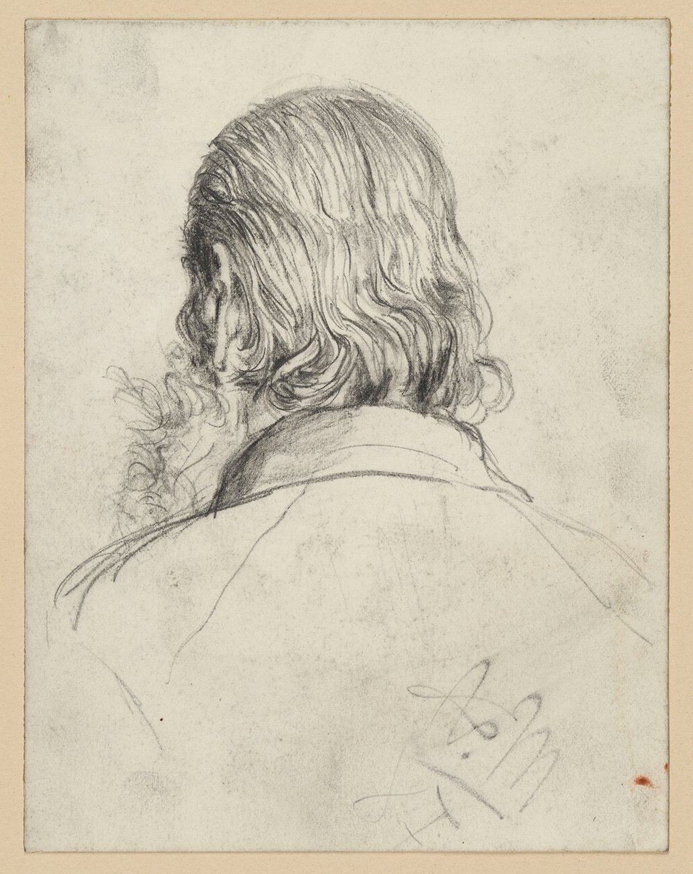 Bebaarde kop met lang haar, van achteren gezien door Adolph Menzel