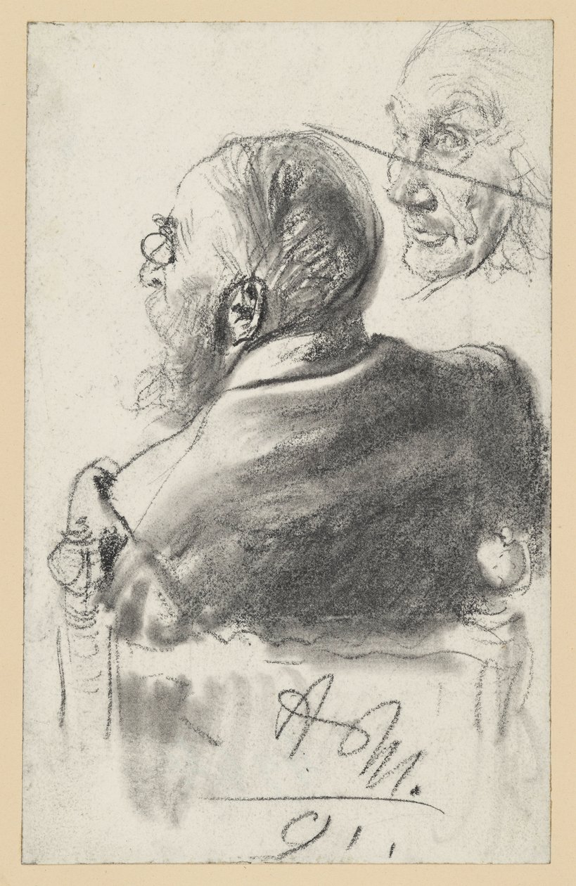 Baardige man met lorgnet zittend in een leunstoel, rugaanzicht, gezicht van een oude man door Adolph Menzel