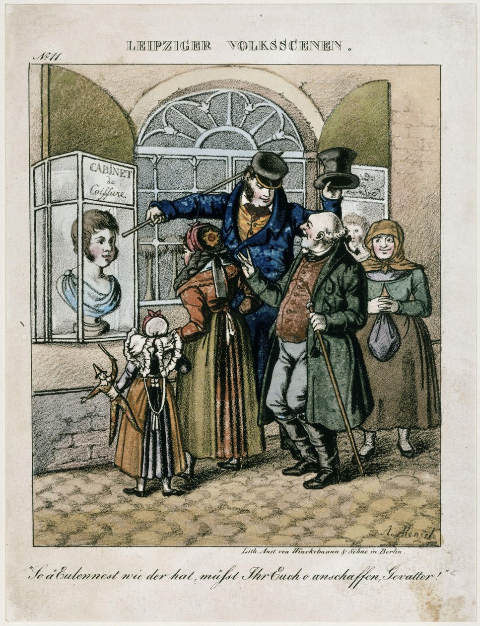 Boeren voor de wassen buste van een kapper. Uit: Volkstaferelen uit Leipzig door Adolph Menzel