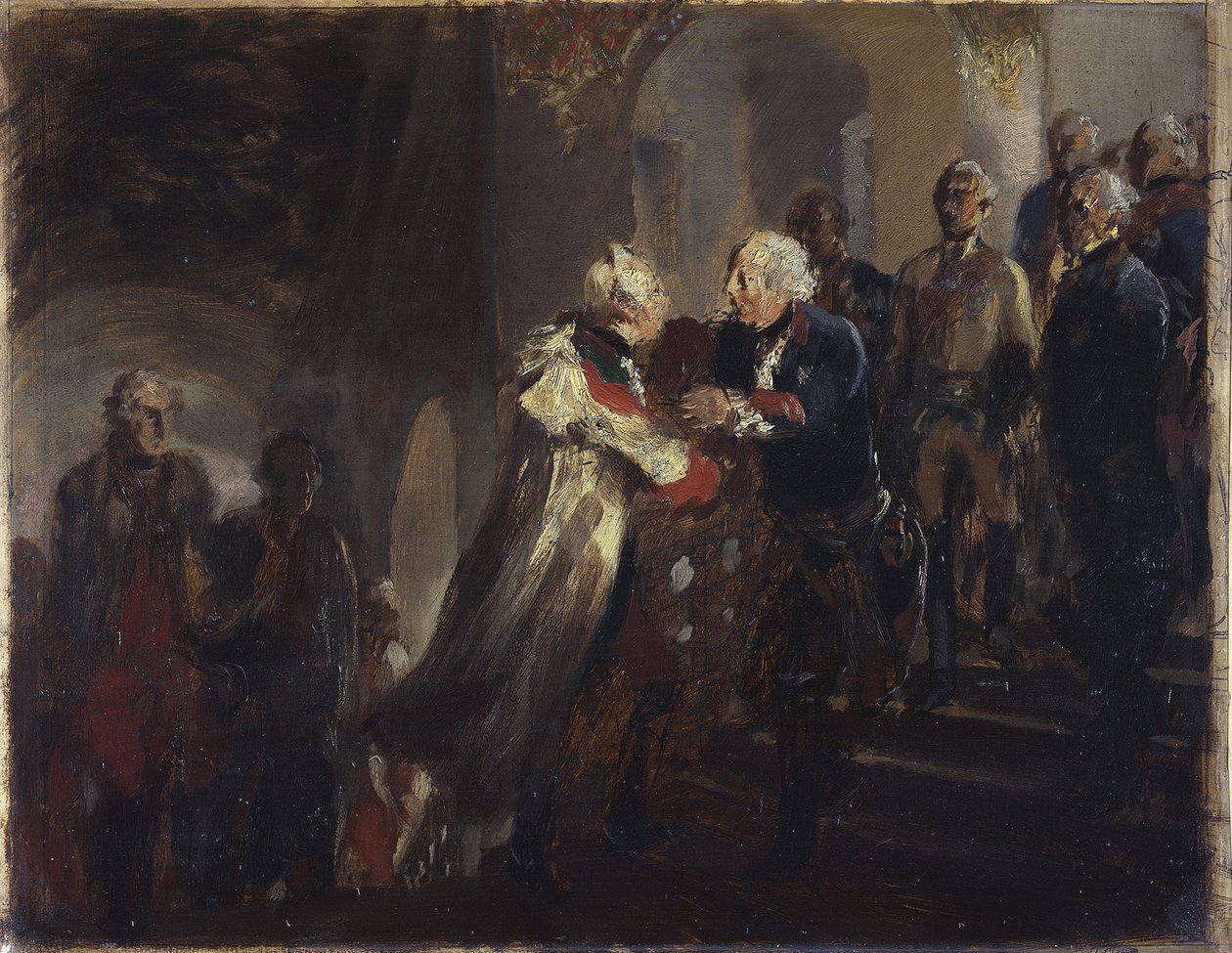 Ontmoeting van Frederik II met keizer Jozef II in Nysa in 1769. Schets door Adolph Menzel