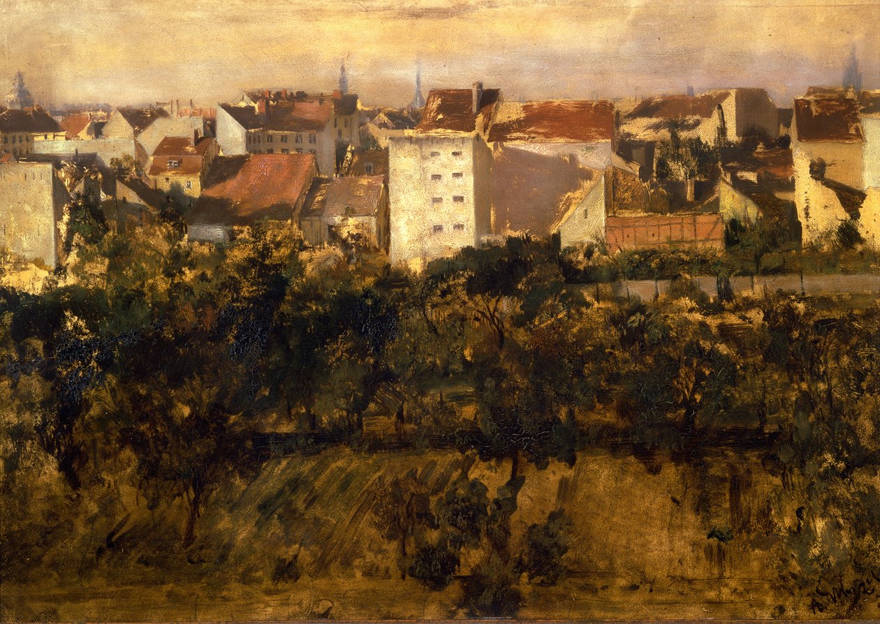 Uitzicht op achterhuizen door Adolph Menzel