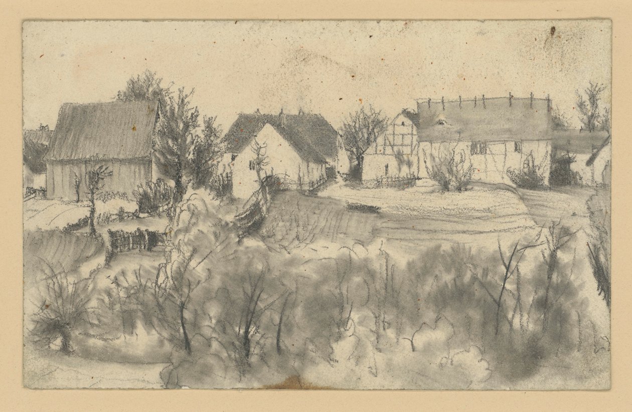 Gezicht op schuren en boerderijen, met lage bomen en struikgewas op de voorgrond door Adolph Menzel