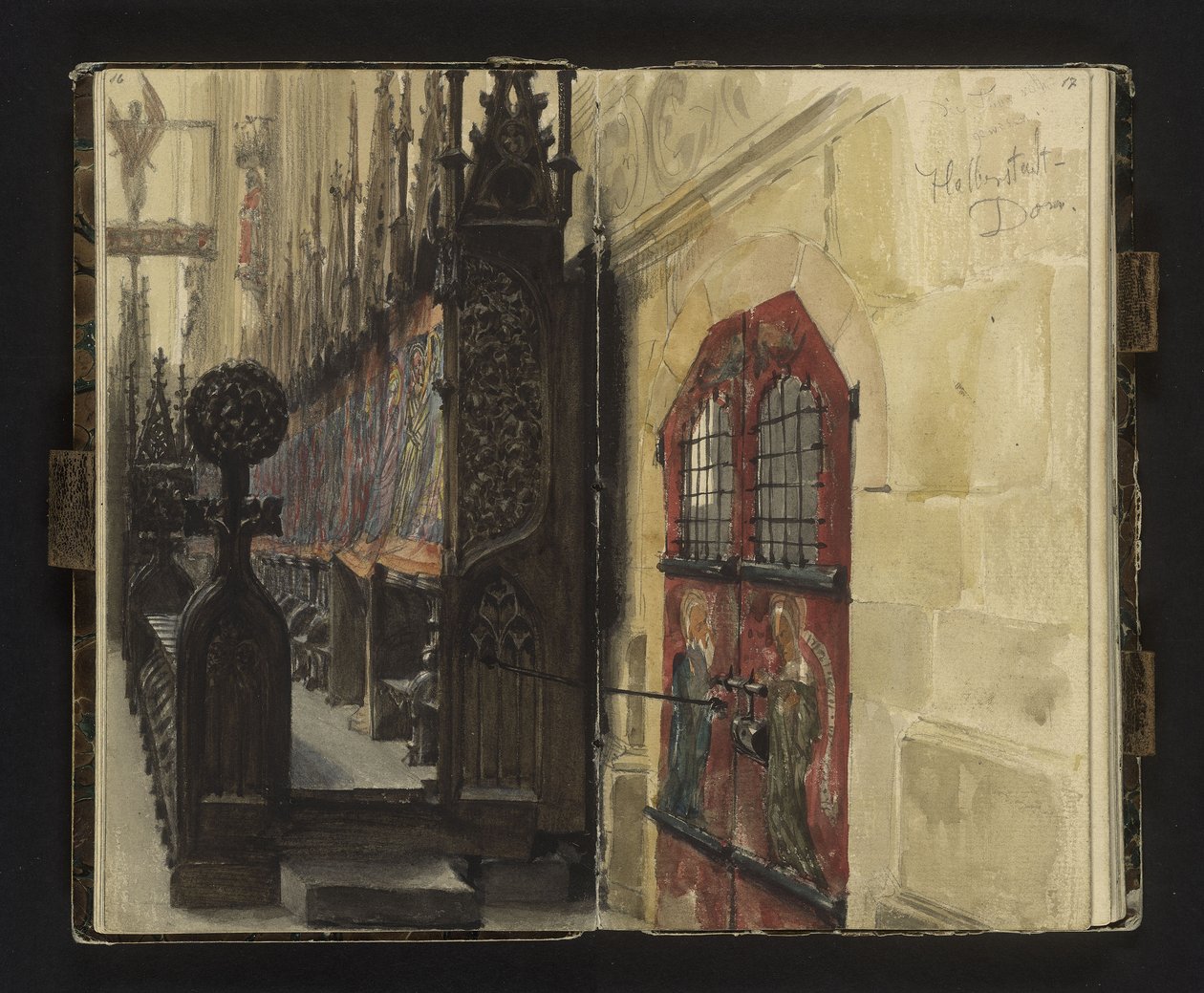 Uitzicht op de koorbanken in de dom van Halberstadt door Adolph Menzel