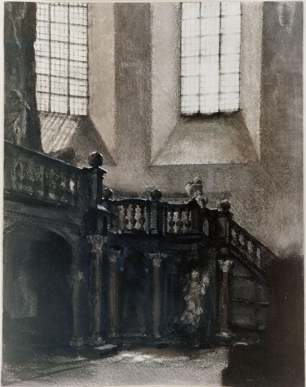 Uitzicht op een barokke orgelgalerij door Adolph Menzel