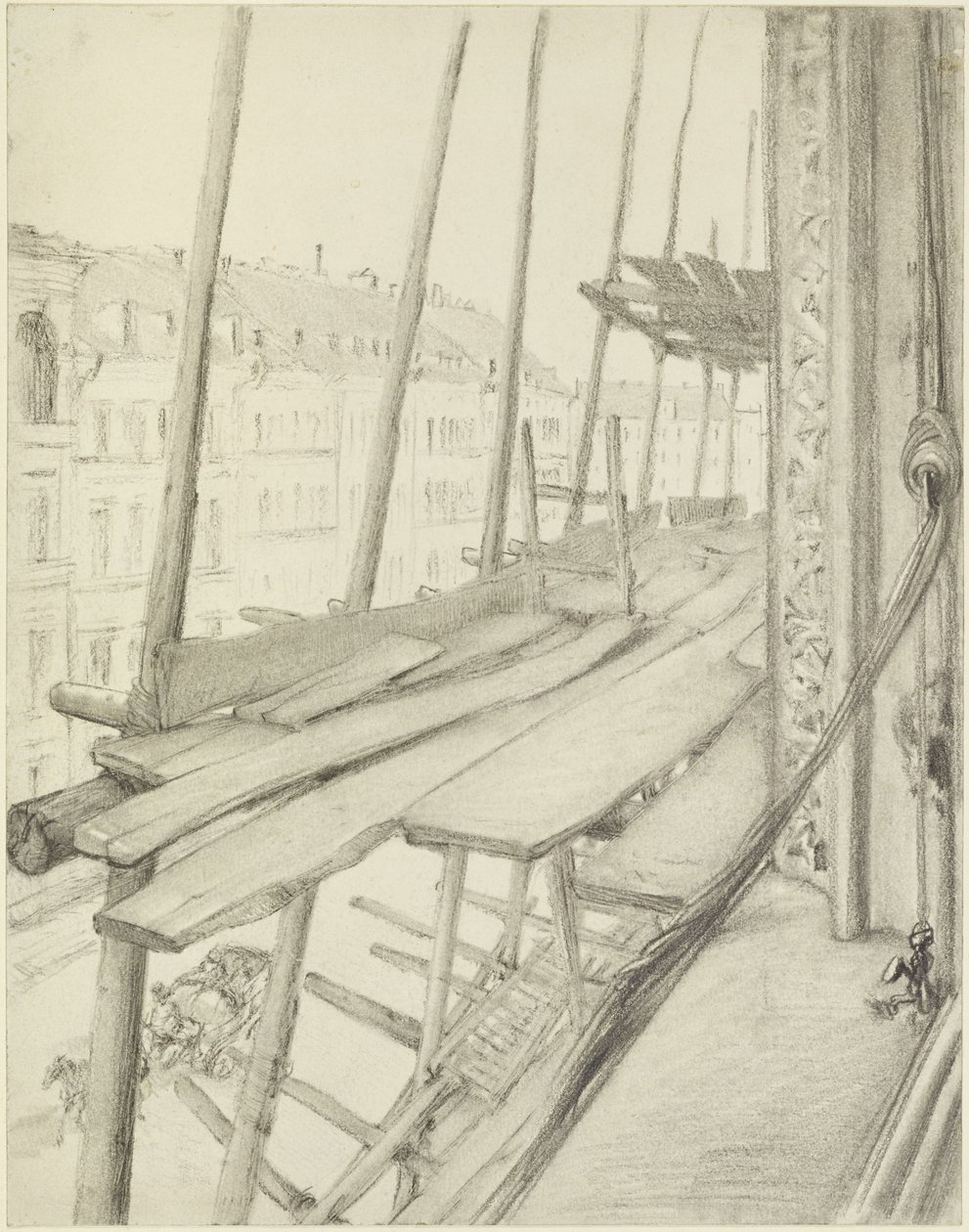 Uitzicht vanuit het raam op een steiger en de straat door Adolph Menzel