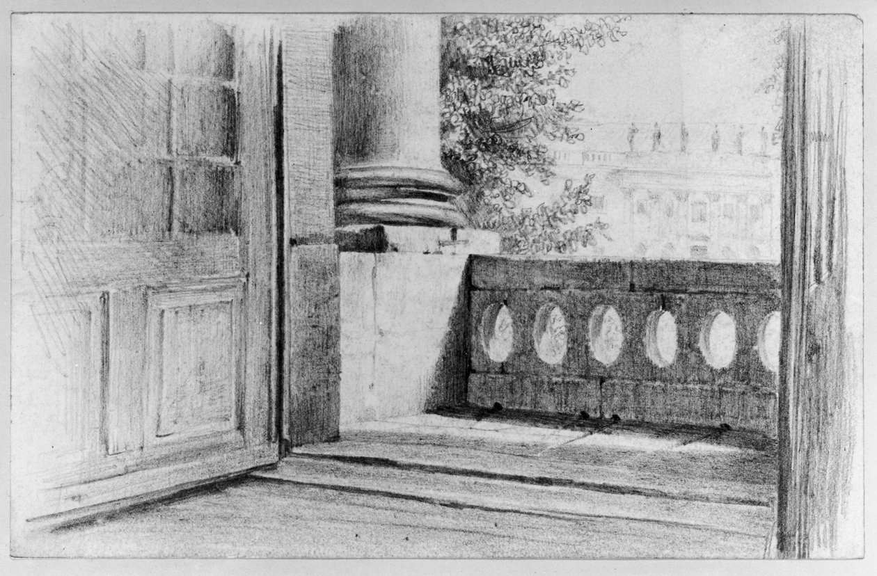 Uitzicht vanuit de Koninklijke Bibliotheek op het middelste uitspringende deel van de oostelijke zijgevel van de Opera in Berlijn door Adolph Menzel