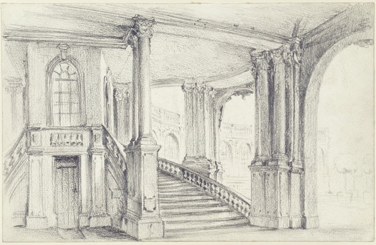 Uitzicht door het stadspaviljoen op de zuidoostelijke bogenhal in de Zwinger in Dresden door Adolph Menzel