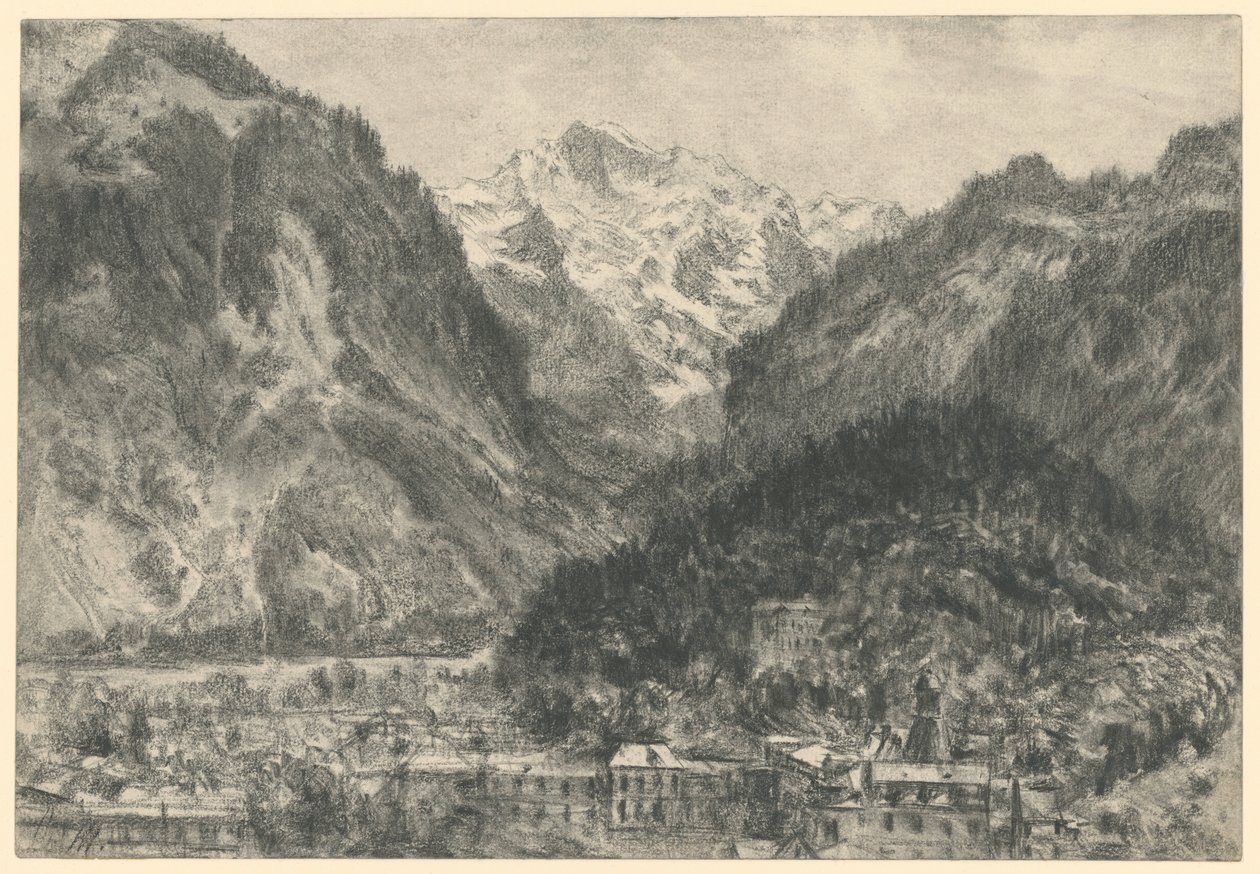Uitzicht over Interlaken op het Jungfrau-massief door Adolph Menzel