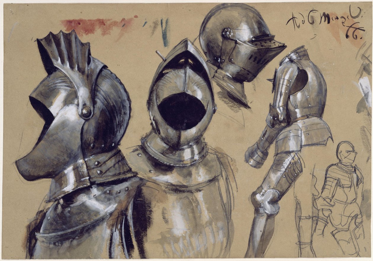 Borstplaten en helmen in drie aanzichten, twee staande harnassen door Adolph Menzel