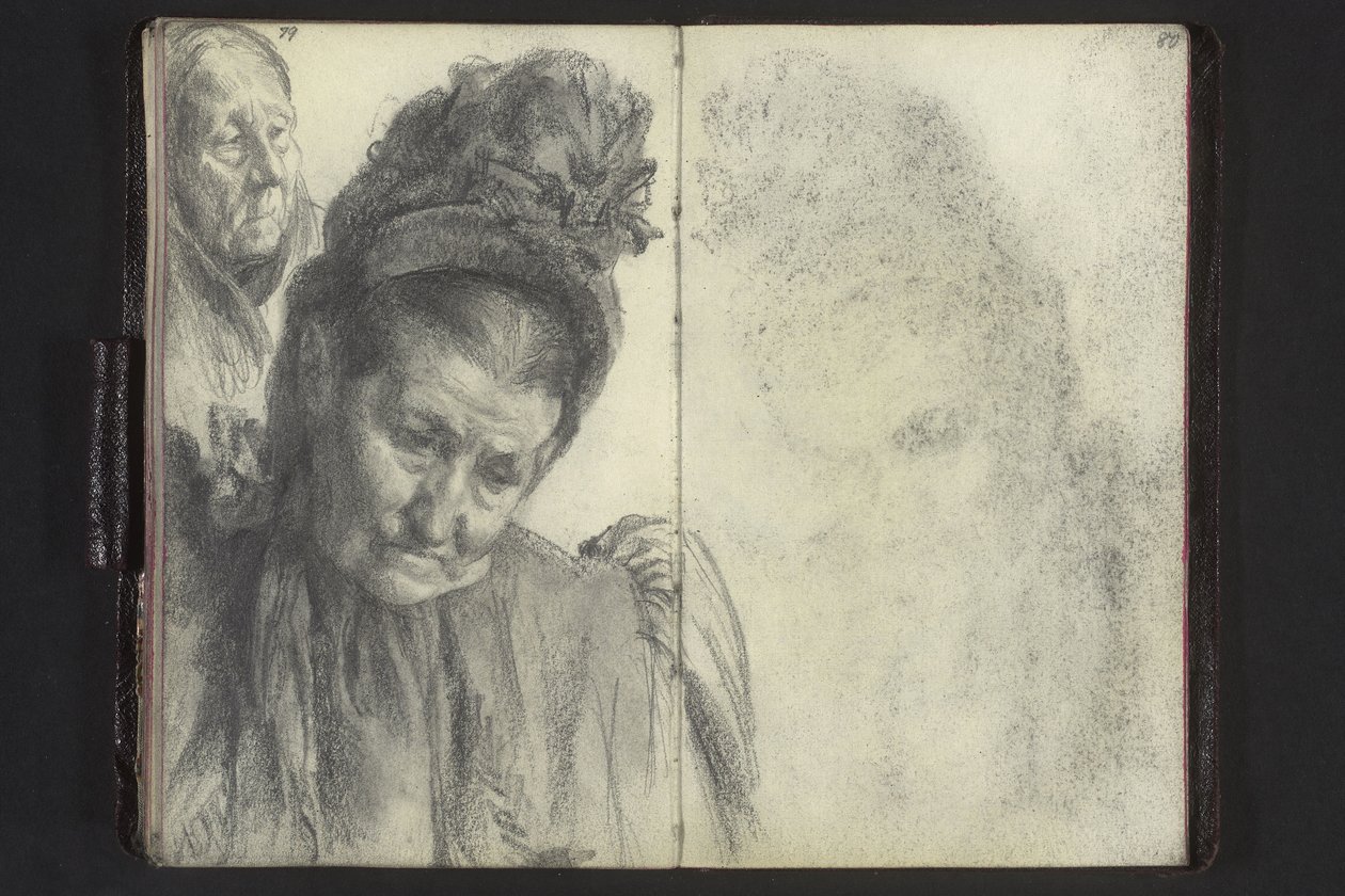 Busteportret van een oude vrouw met hoed, vrouwenhoofd met hoofddoek door Adolph Menzel