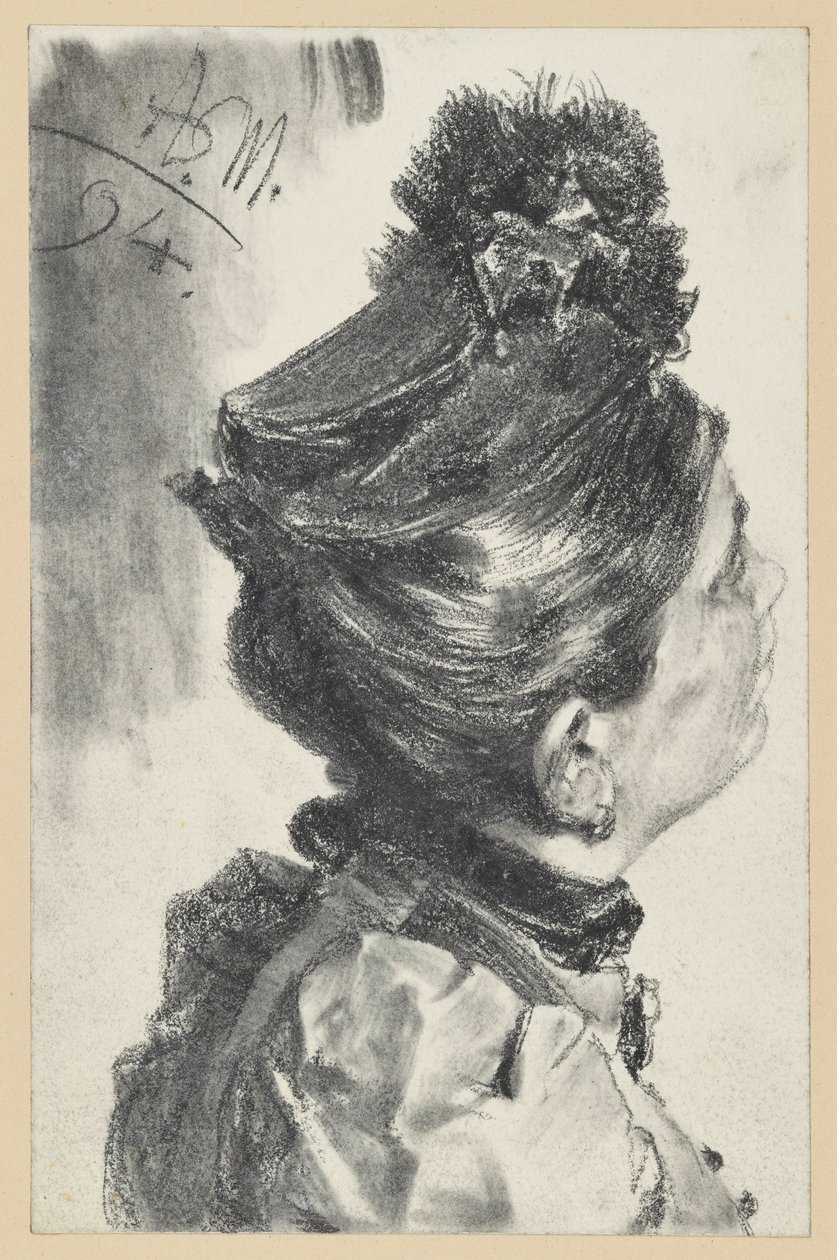 Busteportret van een omhoogkijkende dame met hoed, naar rechts gericht door Adolph Menzel