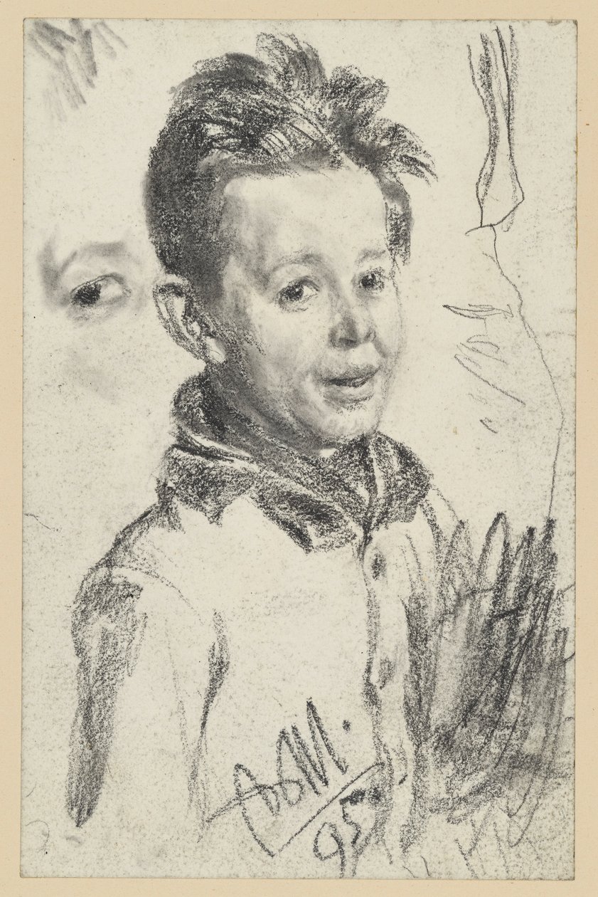 Busteportret van een jongen naar rechts, oogstudies door Adolph Menzel