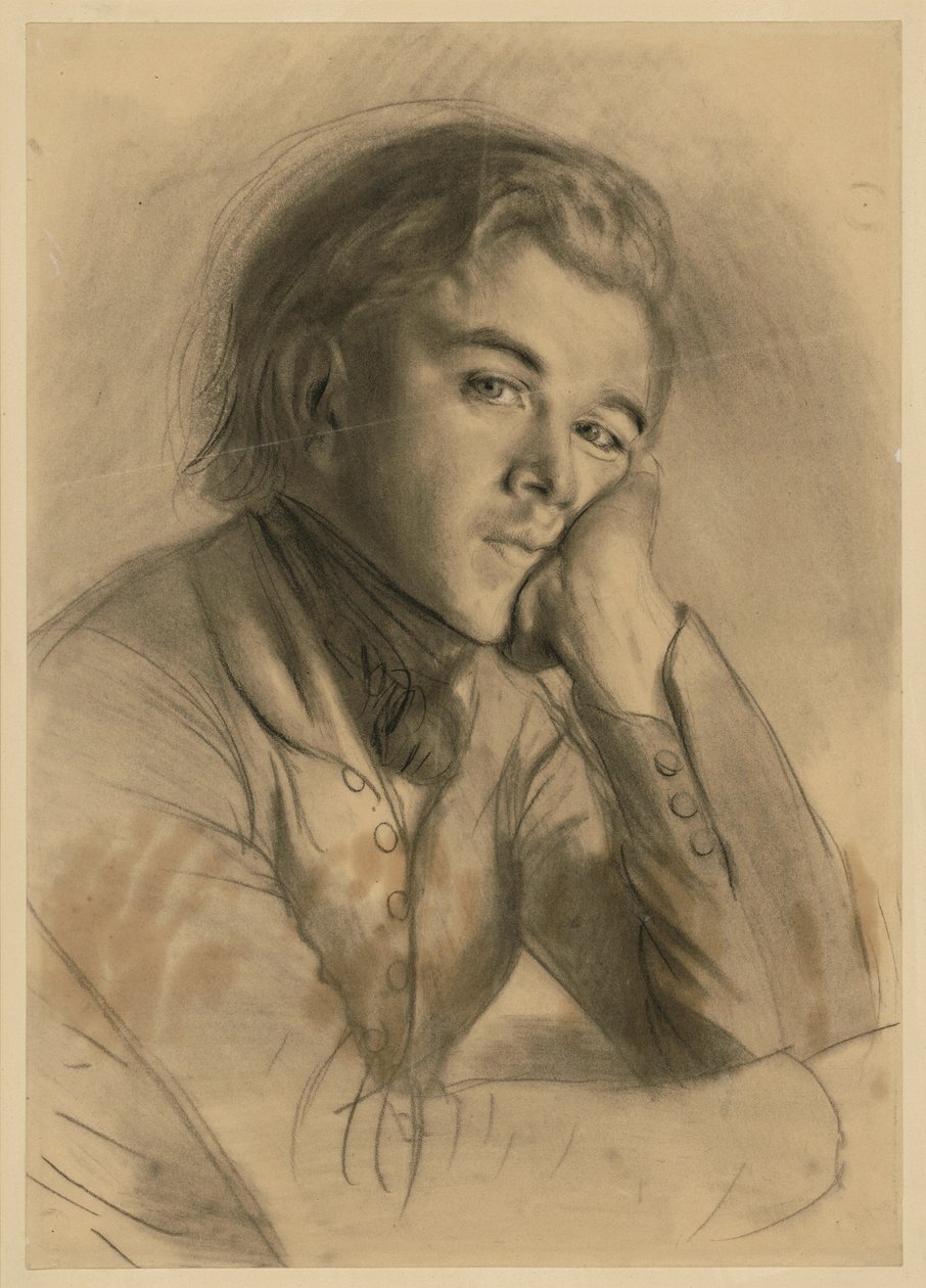 Borstbeeld van een jongen, naar rechts gekeerd, met het hoofd op de linkerhand gesteund, vermoedelijk Carl Johann Arnold, vgl. SZ Menzel nr. 1723 door Adolph Menzel