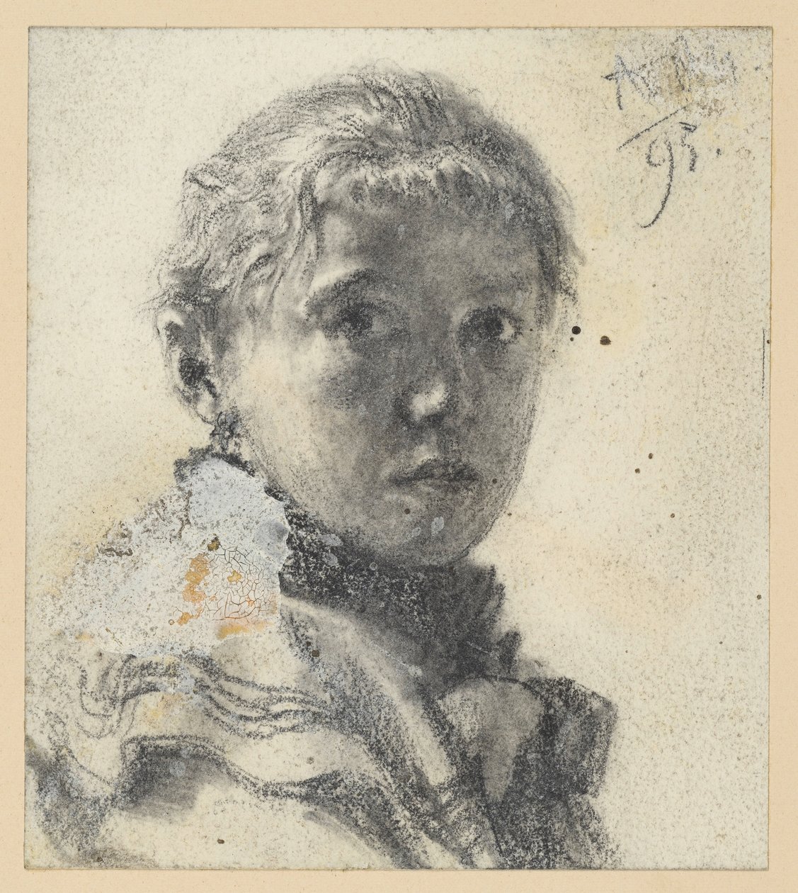 Borstbeeld van een meisje naar rechts, met het hoofd naar de beschouwer gewend door Adolph Menzel