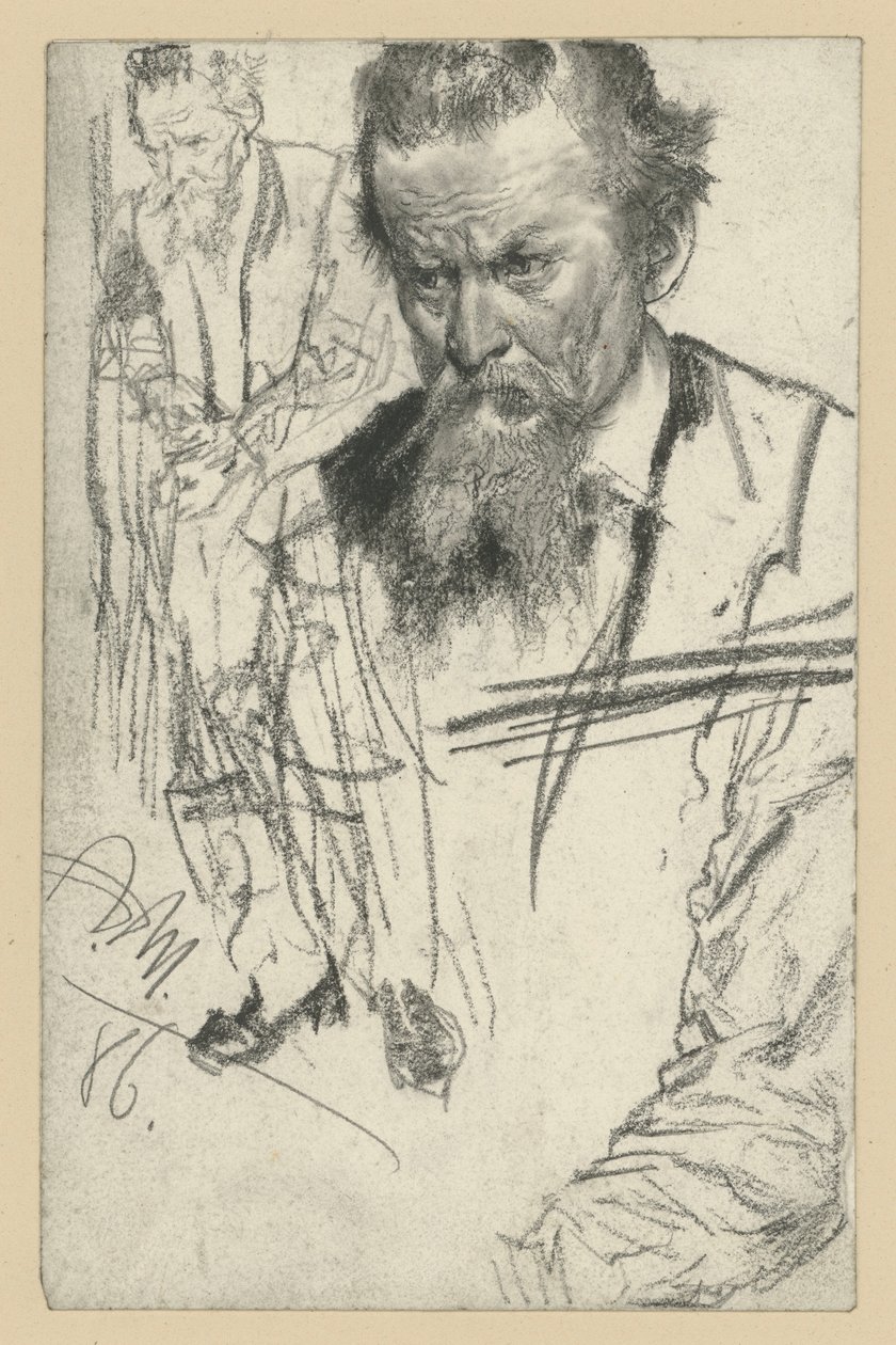 Borstbeeld van een man met snor, iets naar links voorovergebogen, links: een staande man naar links, rechts: mouwstudie door Adolph Menzel