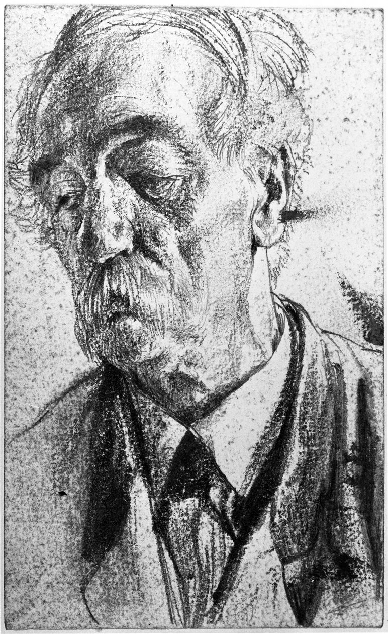 Borstbeeld van een oudere man met een snor door Adolph Menzel