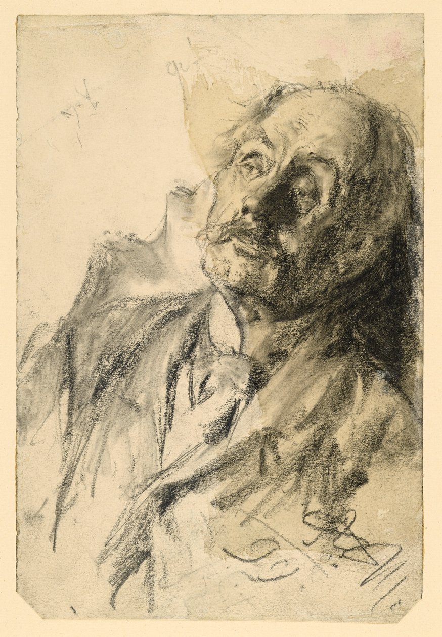 Borstbeeld van een oudere man met een snor, naar rechts achteroverleunend door Adolph Menzel