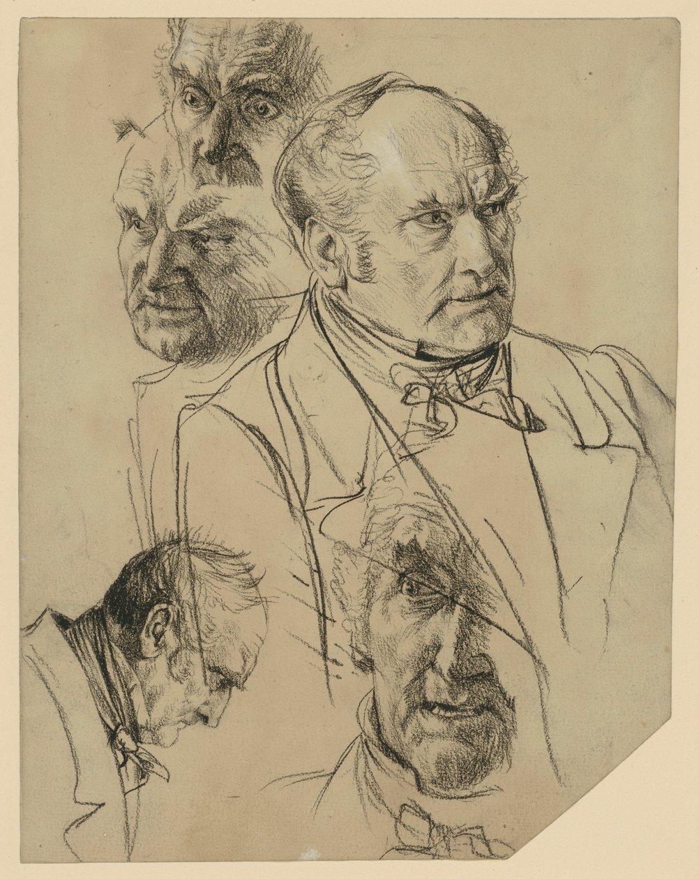 Borstbeeld van een oudere man naar rechts, vier hoofdstudies door Adolph Menzel