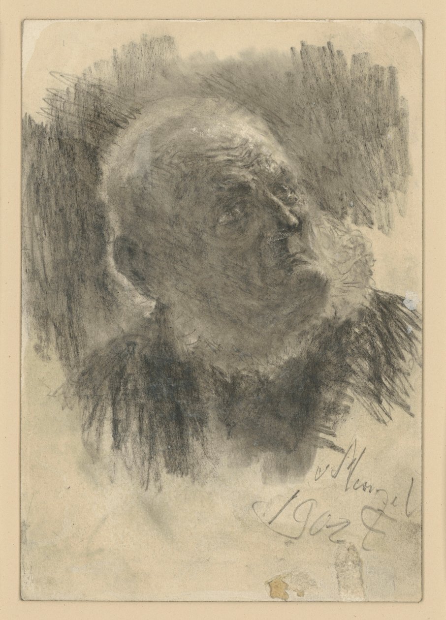 Busteportret van een oude man met metselaarsmuts, omhoog kijkend naar rechts door Adolph Menzel