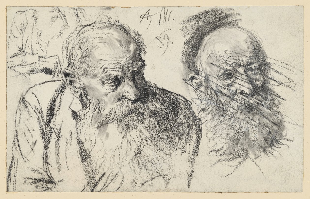 Busteportret van een oude bebaarde man en hoofd van een oude bebaarde man (verworpen) door Adolph Menzel