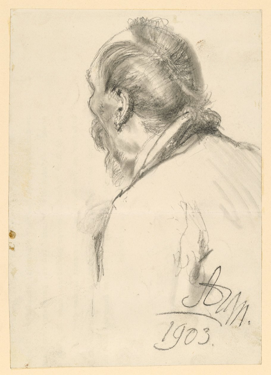Borstbeeld van een bebaarde man naar links, half van achteren gezien door Adolph Menzel