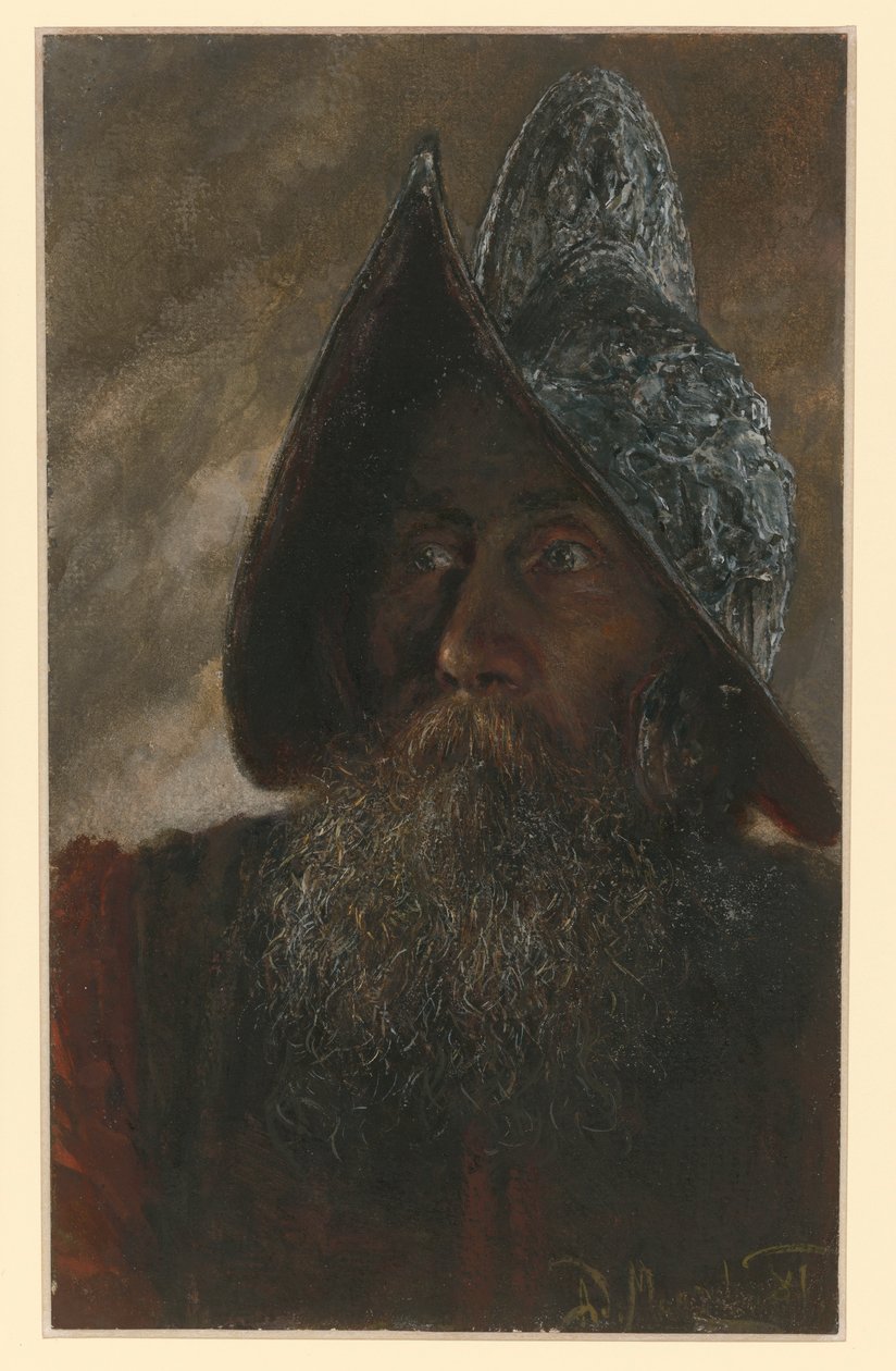 Borstbeeld van een bebaarde soldaat met helm, iets naar links gewend door Adolph Menzel